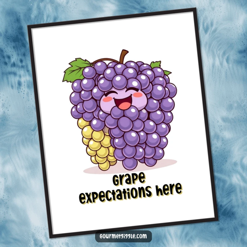 Funny laughing grapes poster, a bunch of joyous grapes wiggling and bouncing vibrantly on a wall, a humorous and colorful art piece.