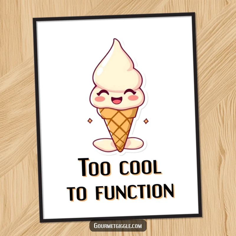 Funny melting ice cream cone poster, a joyful, slightly melting dessert character with a blissful expression, adding fun to wall decor.