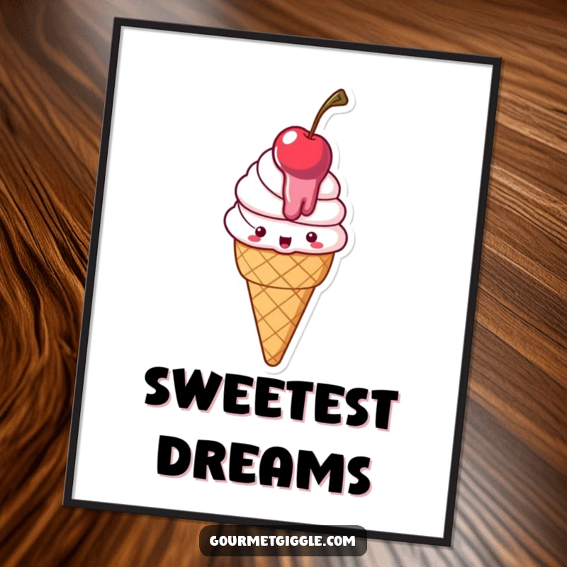 Funny Poster print of a delighted ice cream cone, melting slightly with a cherry, creating a whimsical art piece.