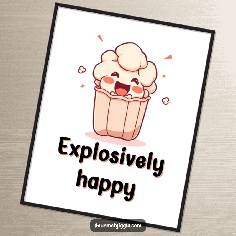 Funny popcorn kernel poster featuring an ecstatic character erupting from a bag, adding dynamic humor to wall decor.