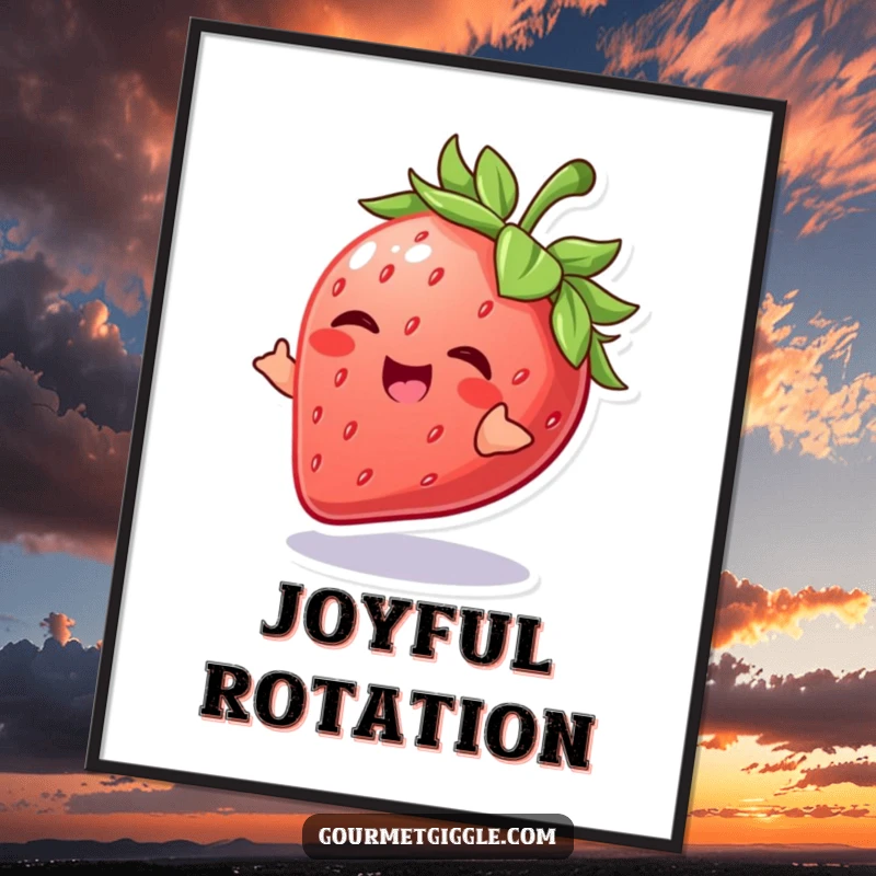 Funny Strawberry Poster featuring a giggling strawberry in a playful spin, adding vibrant, cheerful, and fruity charm to any wall.