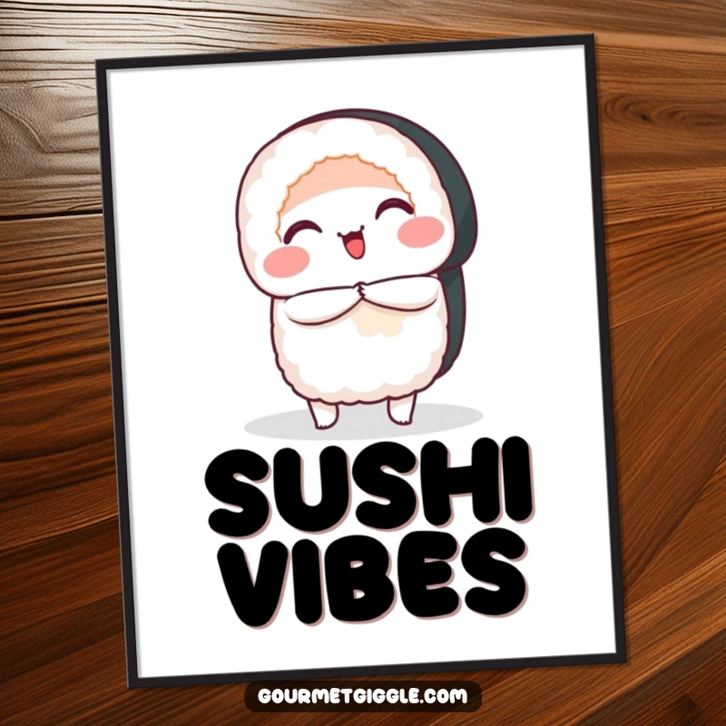 Funny Poster print of a smiling sushi roll performing a graceful bow, creating a charming and polite art piece.