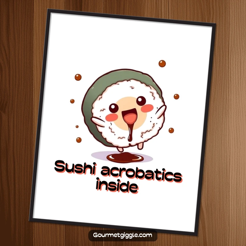 Funny sushi roll poster capturing a cartwheel with dramatic soy sauce splash, full of happy motion.