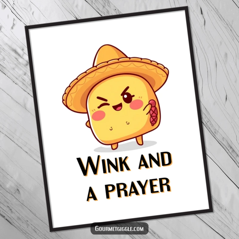 Funny taco poster wearing a sombrero, giving a mischievous wink, adding humorous and festive wall art.