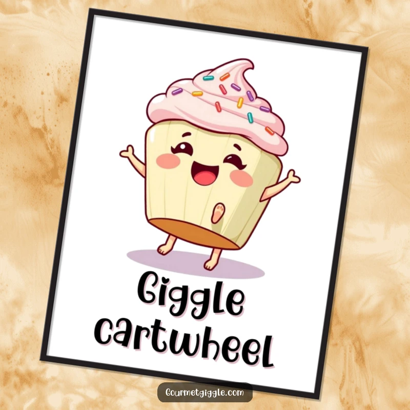 Funny poster print of a giggling cupcake with tiny feet doing a cartwheel, adding sweet, humorous art to walls.
