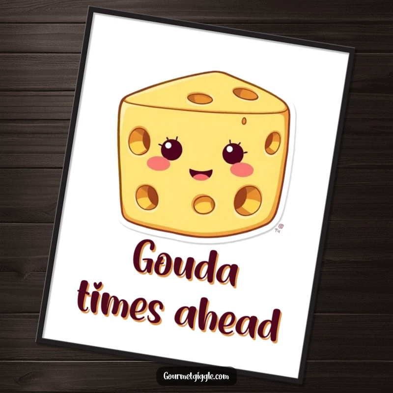 Funny cheese poster showcasing a happy character with a wide grin and holes, perfect for adding playful humor to wall decor.