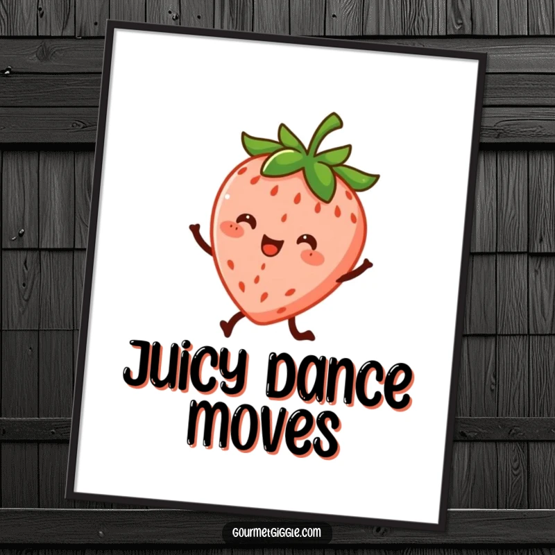 Funny poster of a cheerful strawberry character with tiny legs, depicted mid-dance, radiating high energy and playful charm.