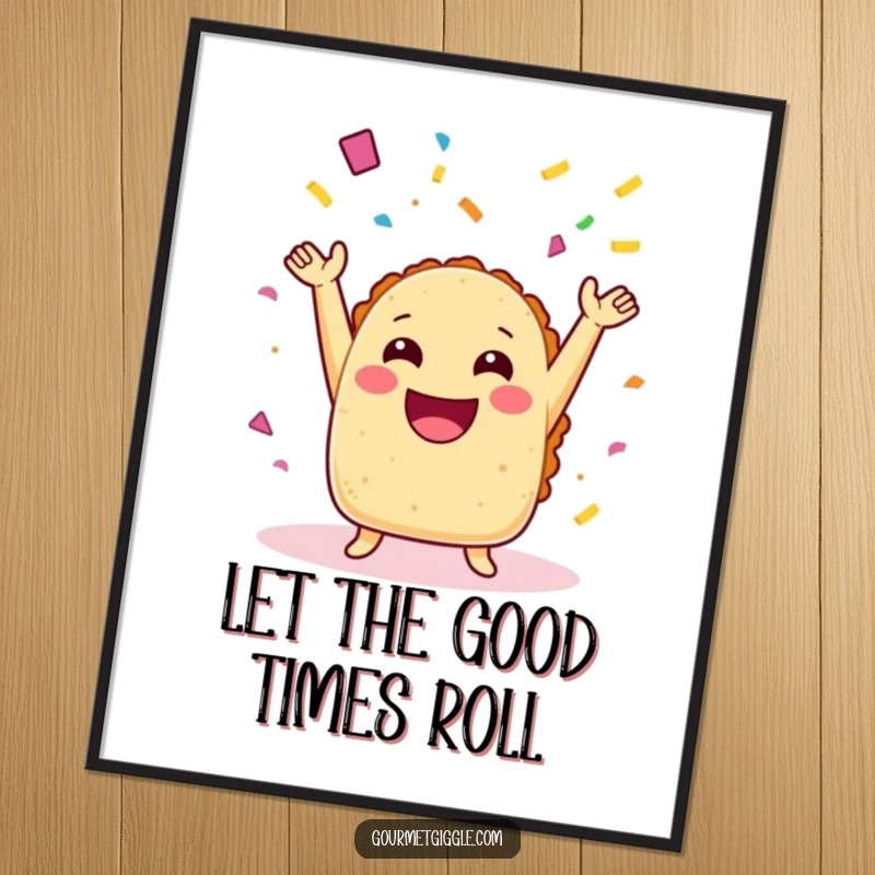 Funny taco poster with arms joyfully throwing confetti, adding humorous, festive, and celebratory wall art to any room.