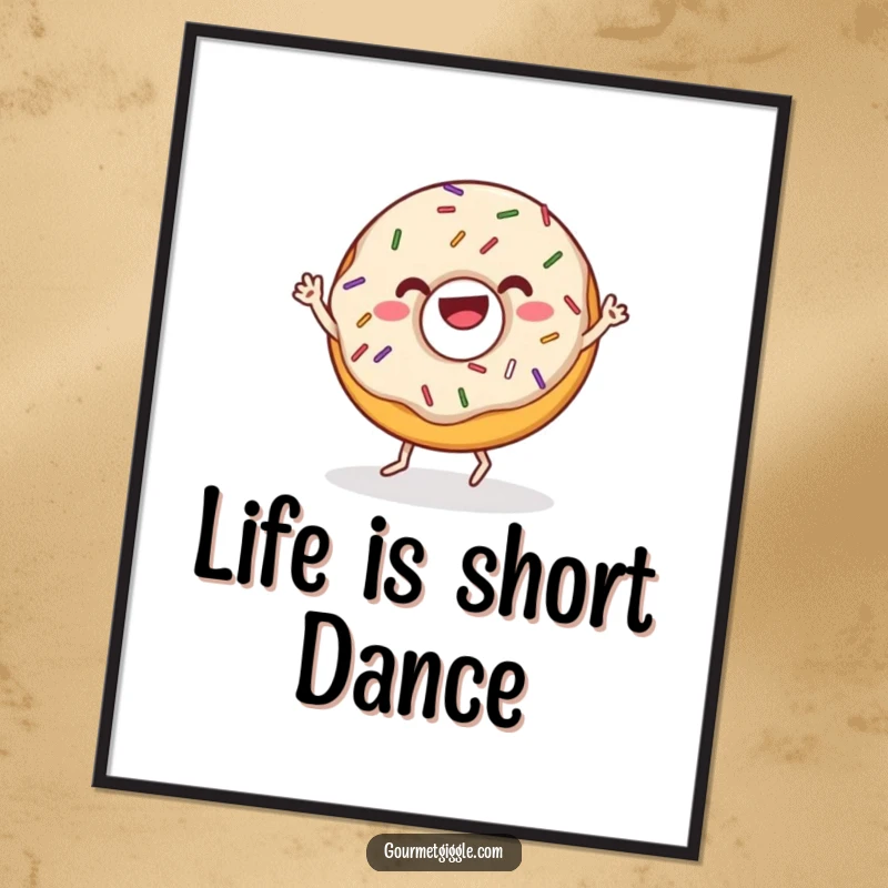 Funny donut poster with sprinkles doing a joyful wiggle dance, vibrant wall art that adds a cheerful and energetic accent. A delightful piece.