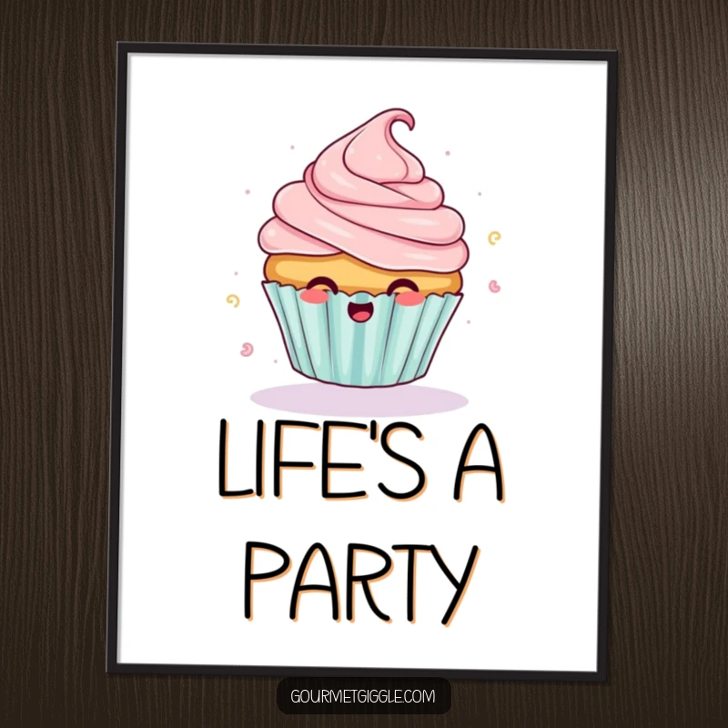 Funny giggling cupcake poster with frosting flying off mid-spin, creating sweet and humorous wall decor.