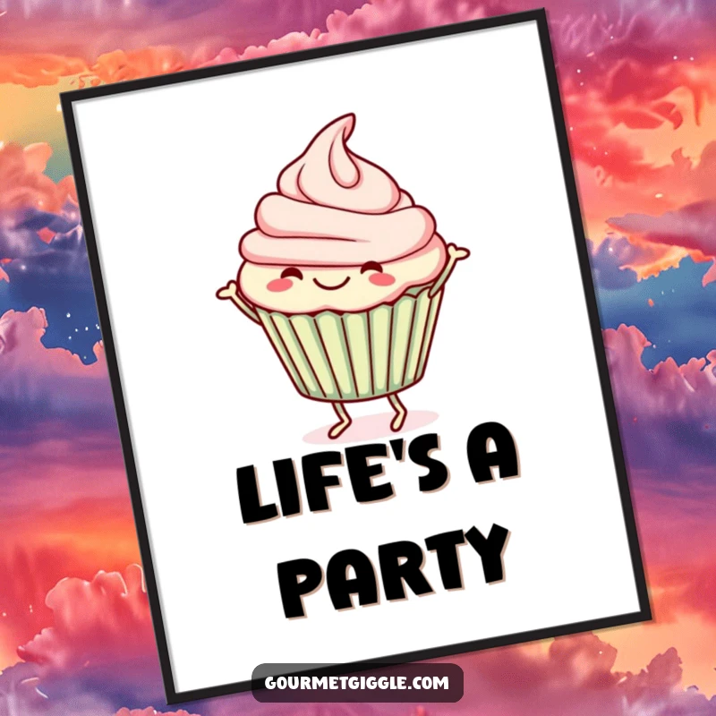 Funny Poster print of a cheerful cupcake performing a lively jig, capturing a moment of sweet, energetic fun.