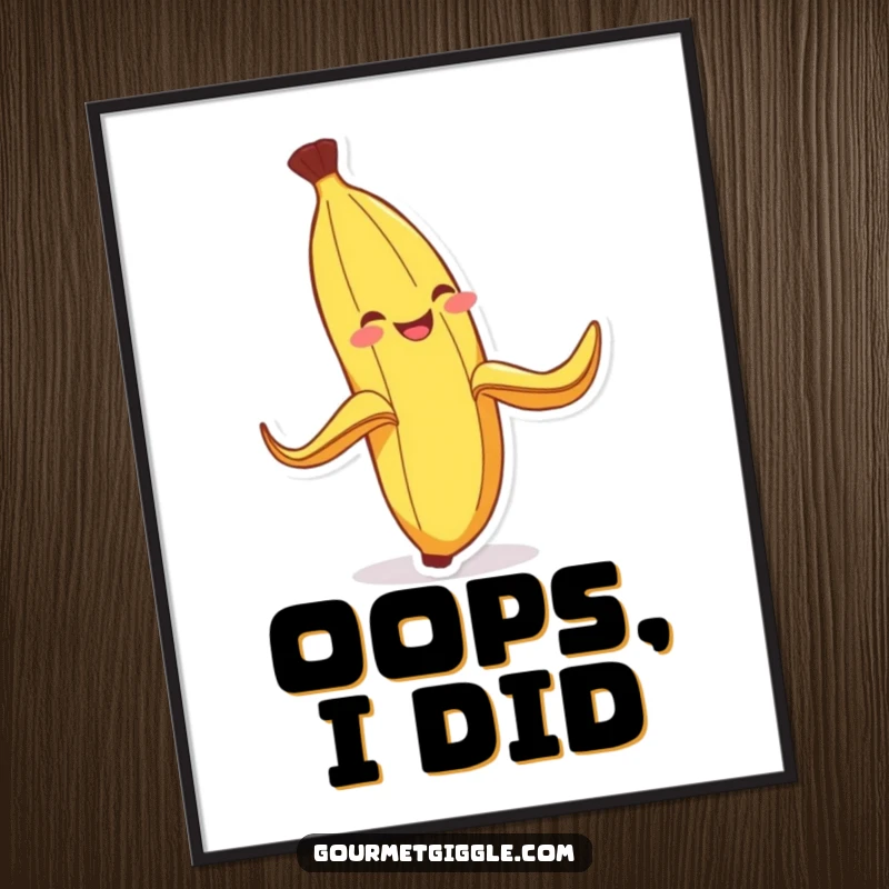 Funny Banana Peel Poster: A vibrant depiction of a grinning banana peel comically slipping on itself, ideal for humorous home or office decor.