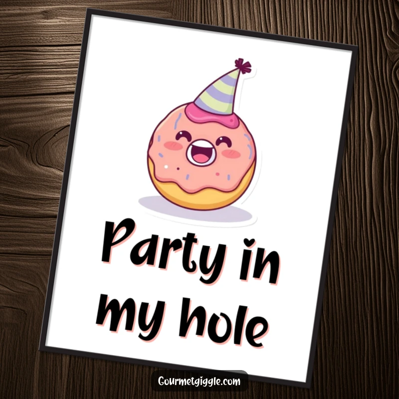 Funny delighted donut character wearing a tiny party hat on a poster, cheerful wall art bringing joy, a perfect funny gift.