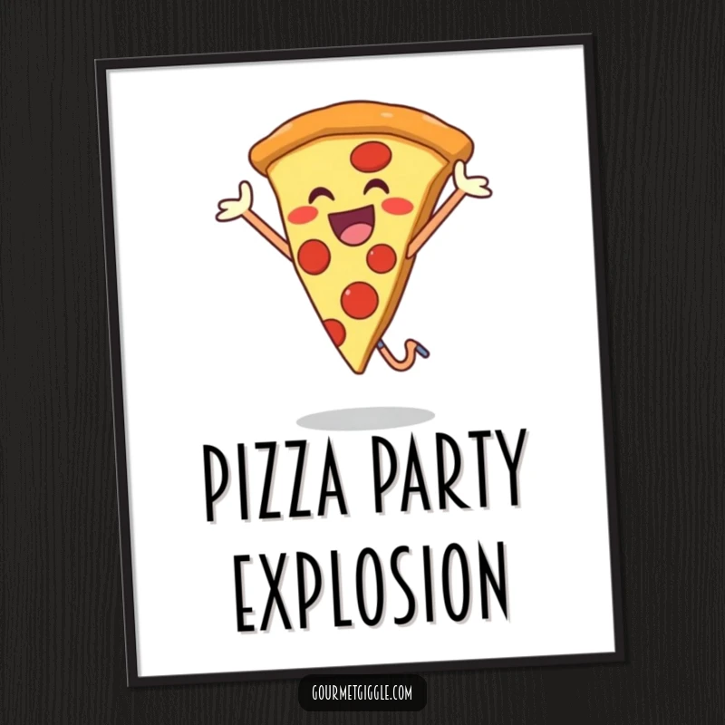 Funny poster capturing a smiling pizza slice performing an ecstatic jump, radiating happiness and a love for pizza.