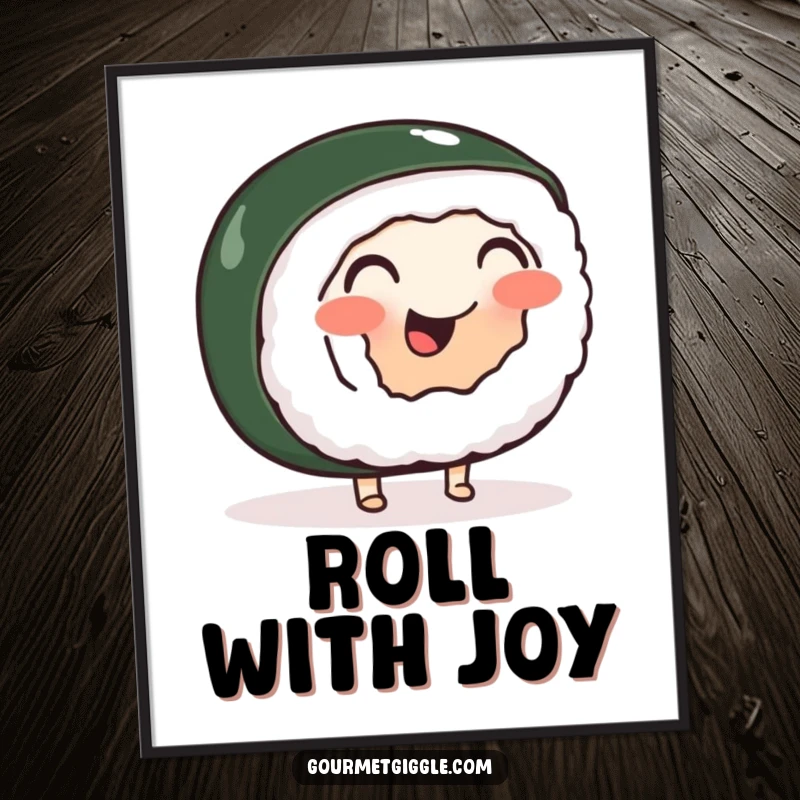 Funny poster print of a cheerful, wobbly sushi roll with small feet performing a happy jig, adding humor to walls.