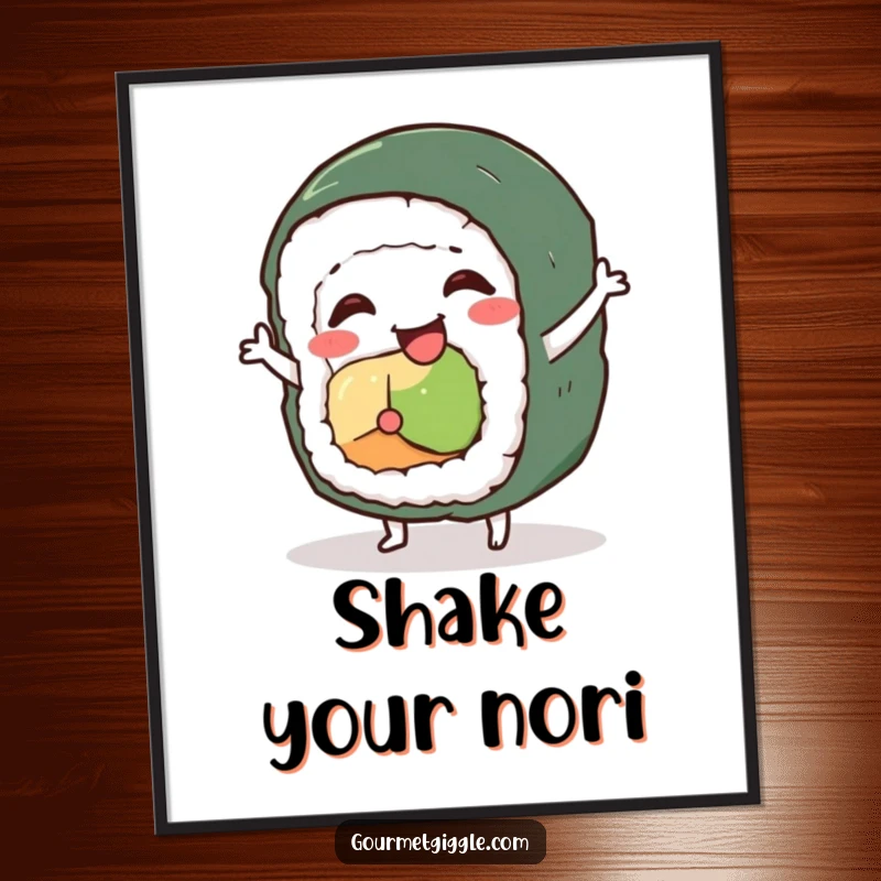 Funny sushi roll character poster, a wobbling roll in a silly dance pose, bringing artistic food fun.