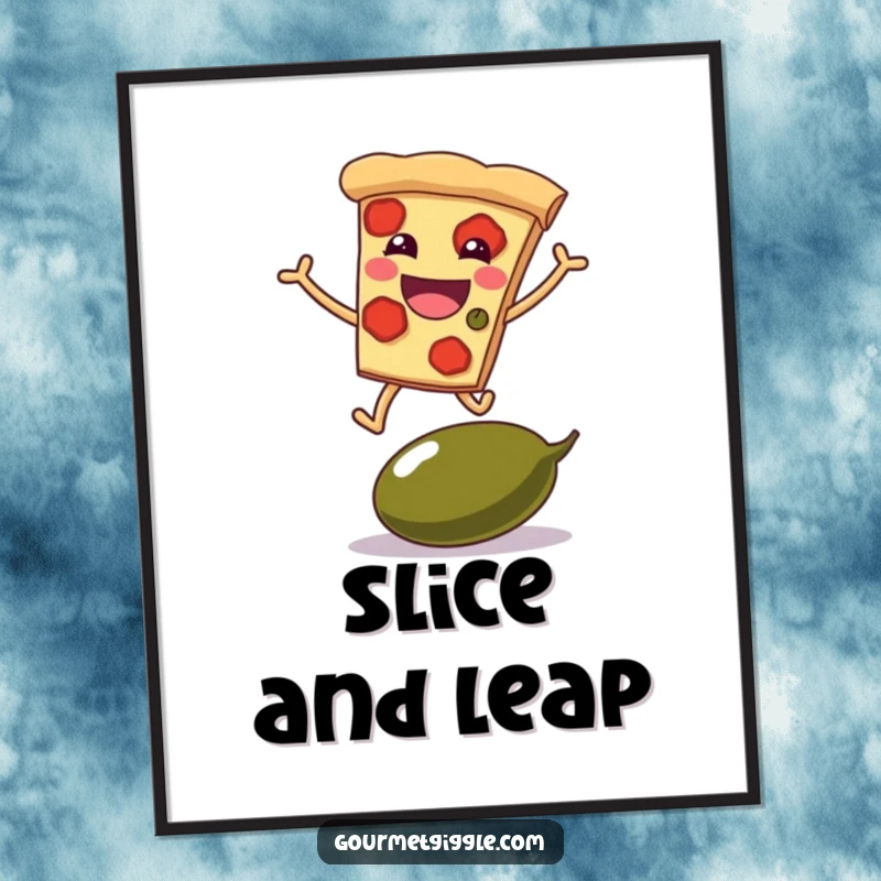 Funny poster print of a grinning pizza slice with legs leaping over a giant olive, bringing cartoon food humor to walls.