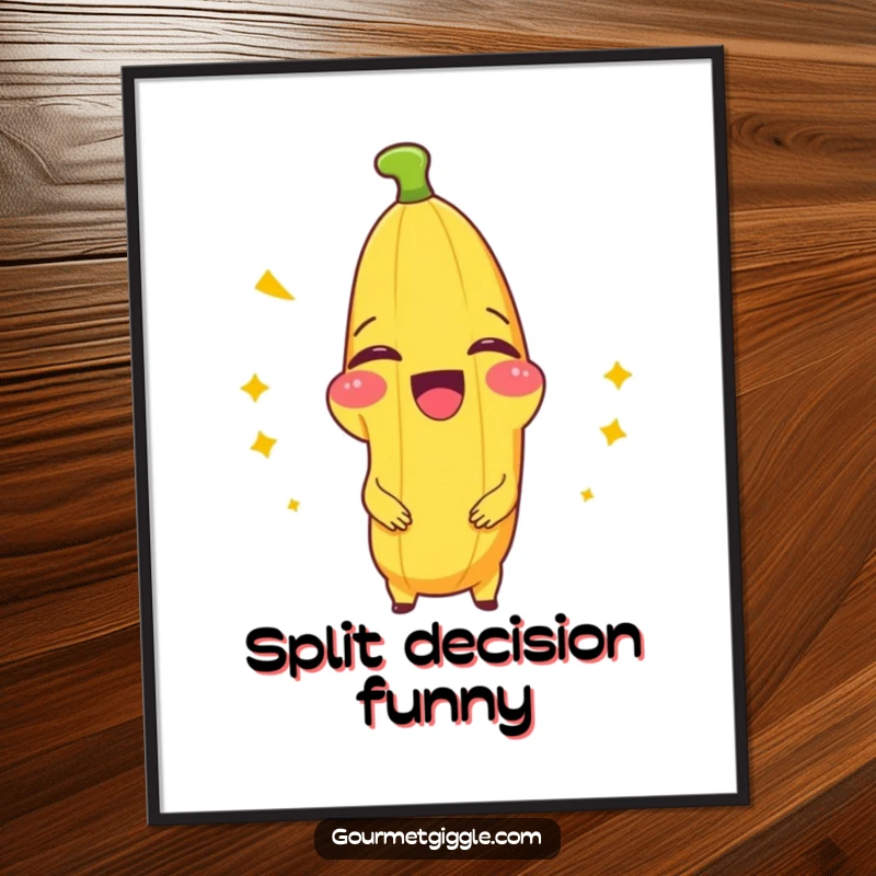 Funny poster featuring a beaming banana splitting with laughter, a vibrant and humorous piece of wall decor.