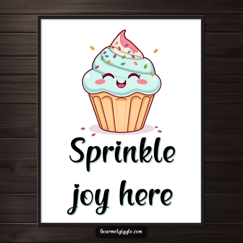 Funny poster print of a giggling cupcake enjoying a shower of sprinkles. Humorous wall art, a fantastic funny gift.