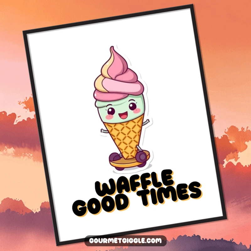 Funny poster featuring a cheerful ice cream cone scooting along on its waffle base, perfect for adding a sweet and humorous touch to decor.