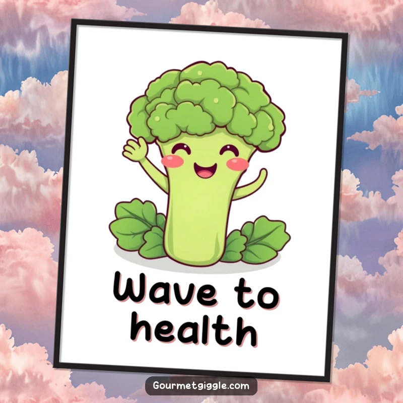 Funny poster featuring a delighted broccoli smiling and doing a friendly wave, a vibrant piece of healthy-themed art.