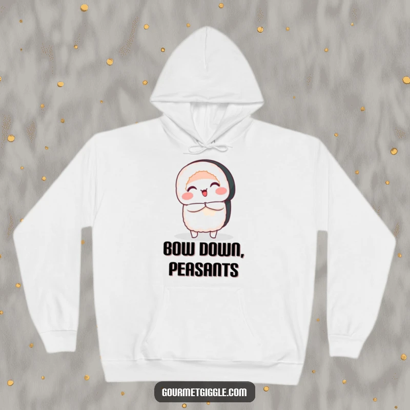 Funny Hoodie depicting a happy sushi roll performing a graceful bow, radiating warmth and politeness.