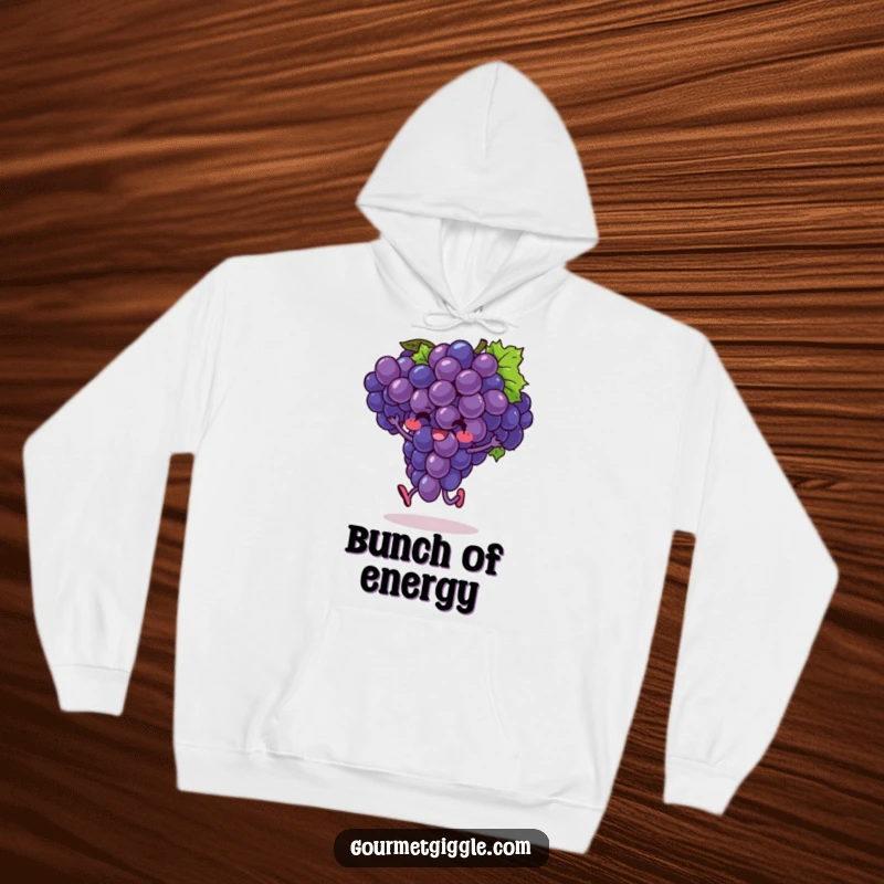 Funny hoodie with an exuberant bunch of grapes in a joyful hop, perfect for spreading fruity cheer and warmth.