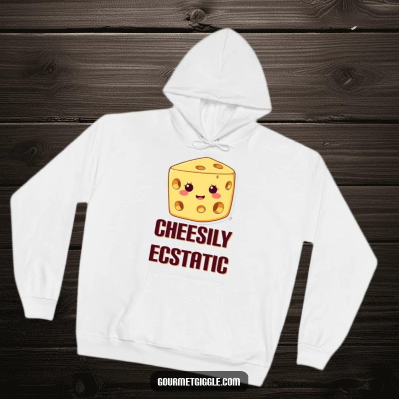 Funny cheese hoodie featuring a happy character with a wide grin and holes, offering warmth and cheesy humor.