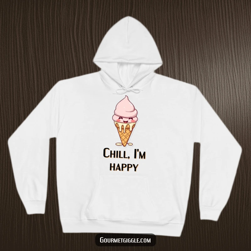 Funny Hoodie displaying a cheerful ice cream cone with a big giggle and dripping sweet goodness.