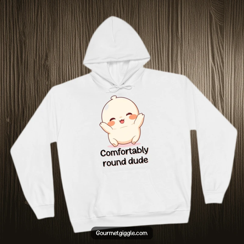 Funny chubby dumpling hoodie, a delightful, round food character with rosy cheeks, happily tumbling for ultimate comfort.