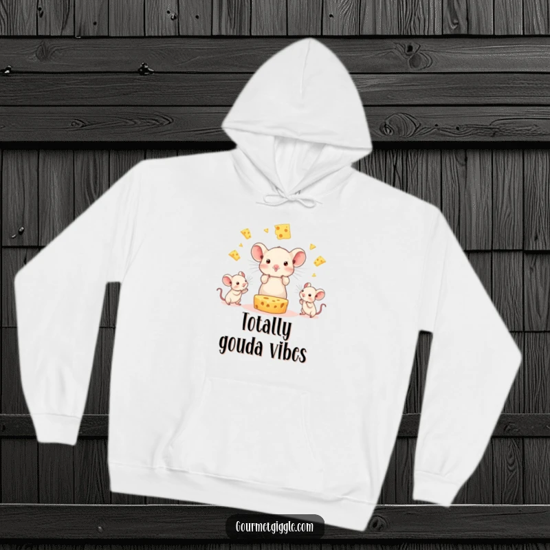 Funny Cheese Juggling Mice Hoodie: A delighted cheese wedge entertains with a juggling act of tiny mice, perfect for cozy, humorous moments.