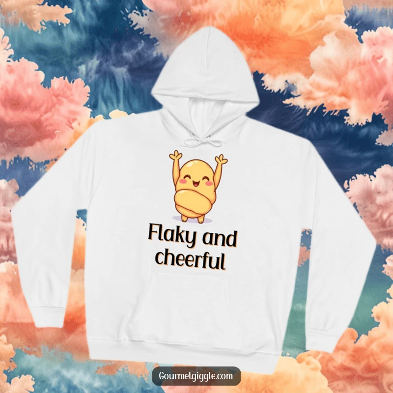 Funny croissant hoodie with a cheerful pastry giving a happy cheer, offering warmth and a delightful dose of comfort. Soft and inviting.