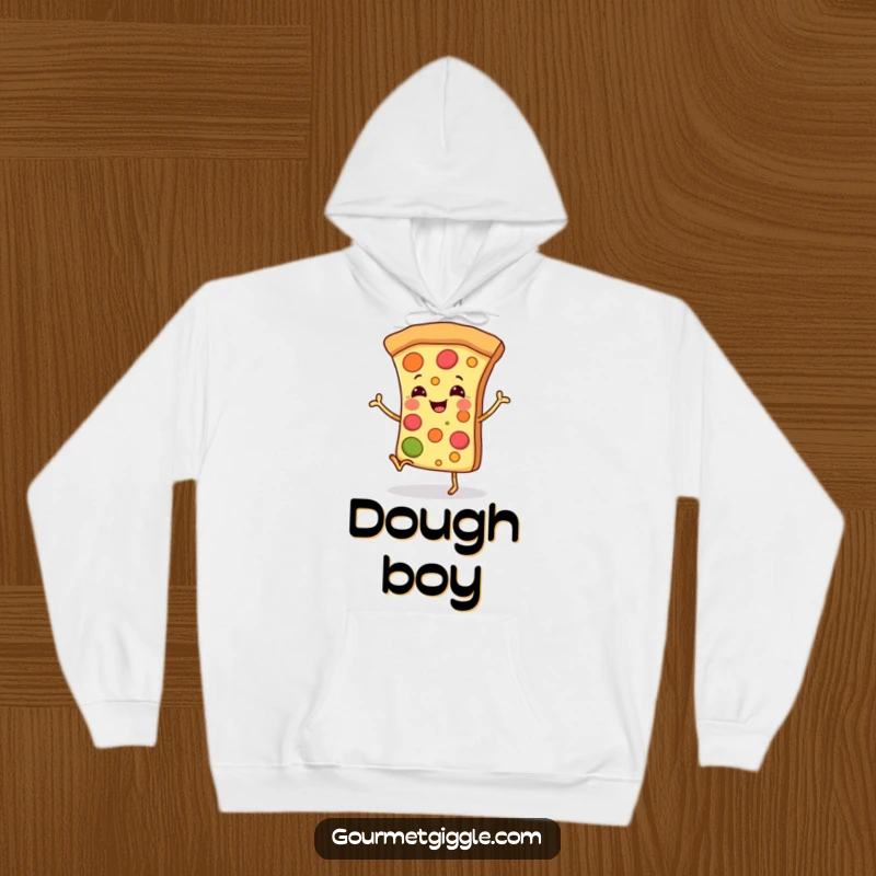 Funny hoodie featuring a smiling pizza slice with small legs doing a happy dance, providing warmth and humor.