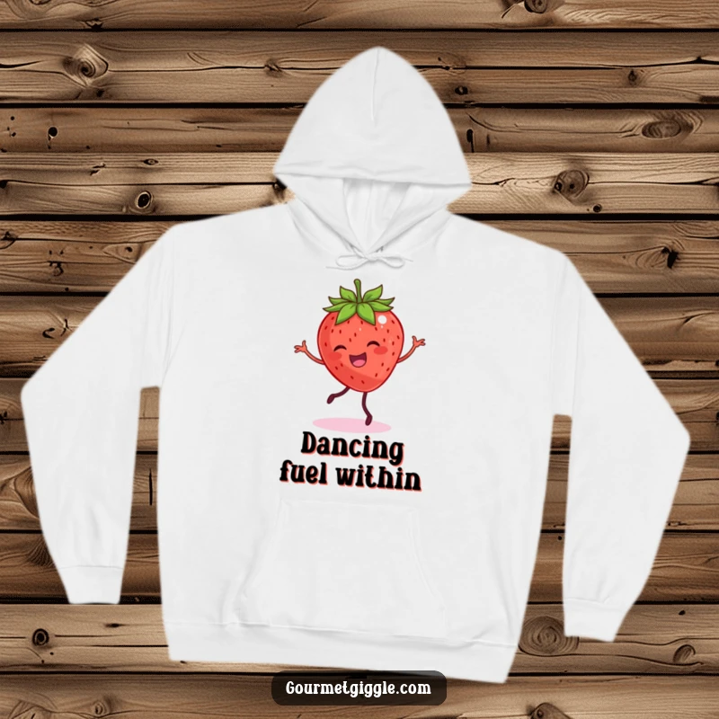 Funny hoodie with a smiling strawberry with legs dancing joyfully, offering warmth and cheerful vibes.
