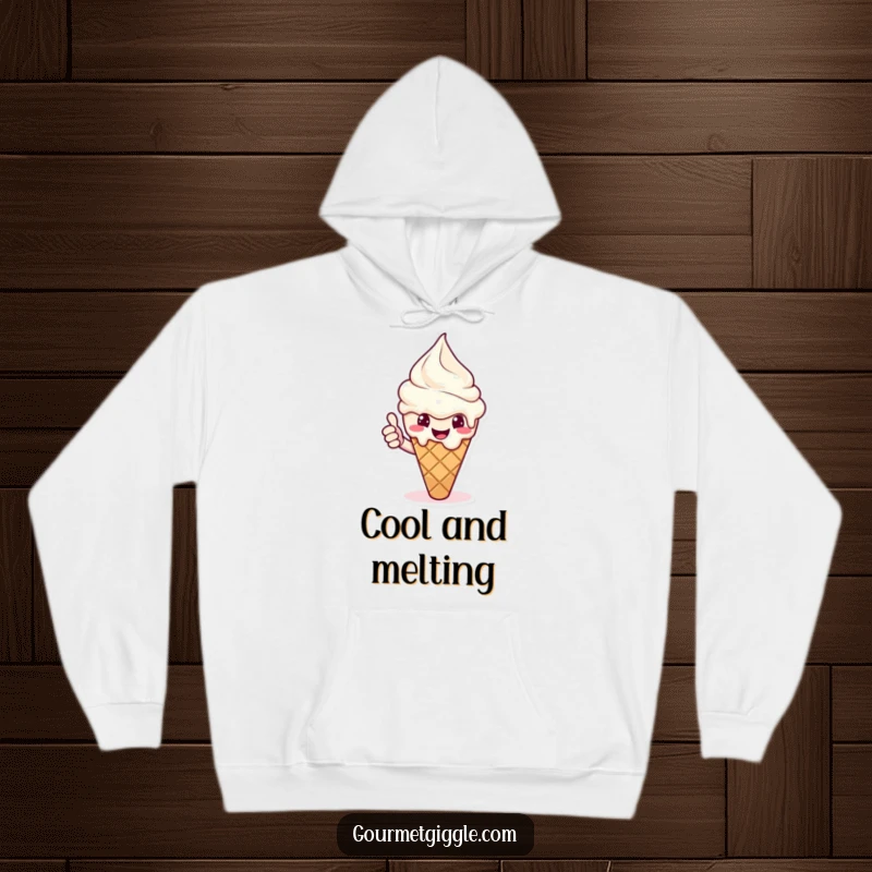 Funny ice cream hoodie with a melting cone giving a cheerful thumbs up. Warm, sweet, and delightfully cool.