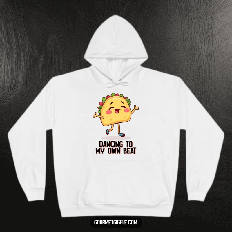 Funny hoodie depicting a winking taco with legs in full salsa dance motion, perfect for cozy celebrations.
