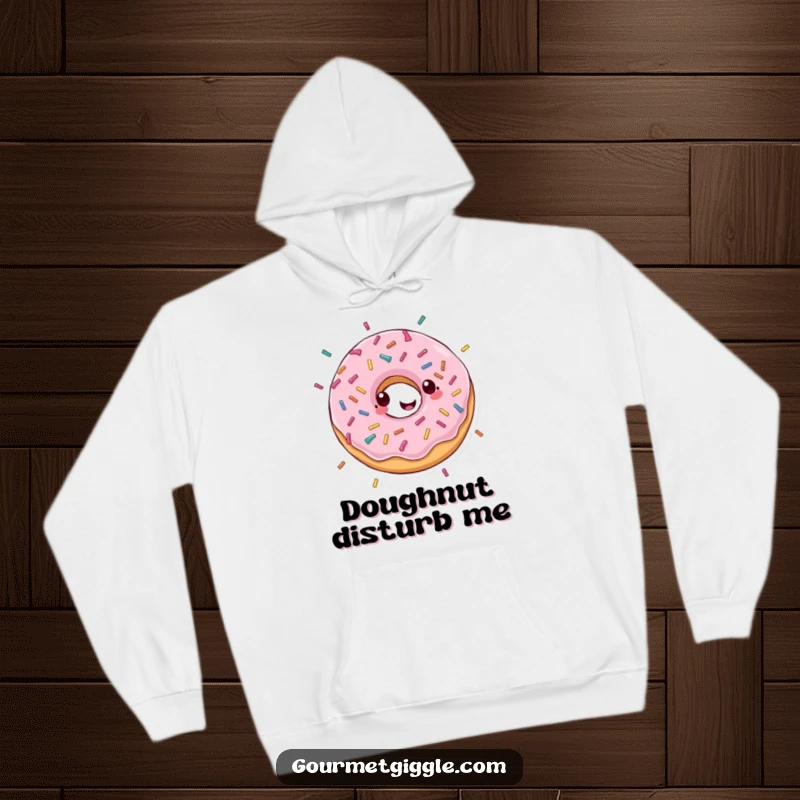 Funny hoodie featuring a gleeful donut happily spinning with sprinkles falling, perfect for cozy, sweet moments.