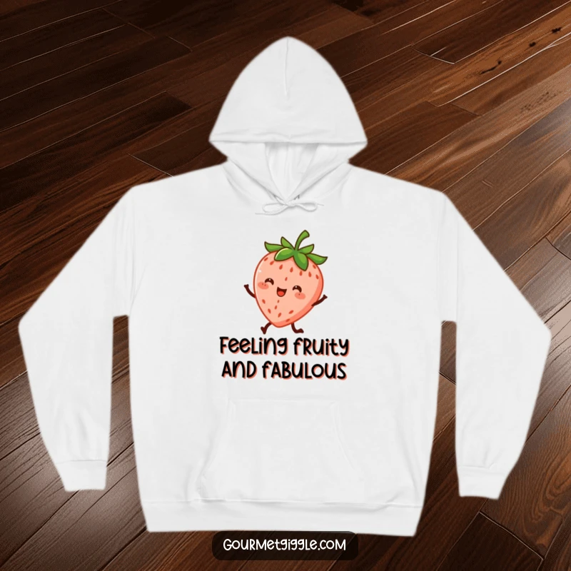 Funny hoodie showcasing a happy strawberry character with two little legs, energetically dancing with infectious joy and charm.