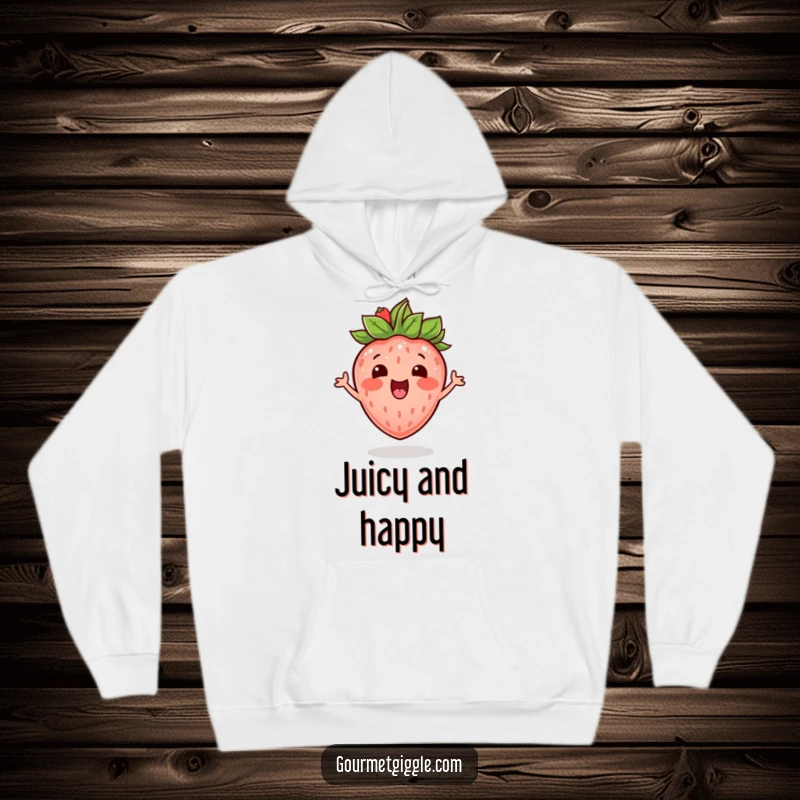 Funny excited strawberry with a leafy crown, bouncing with mirth on a comfortable and cheerful hoodie.