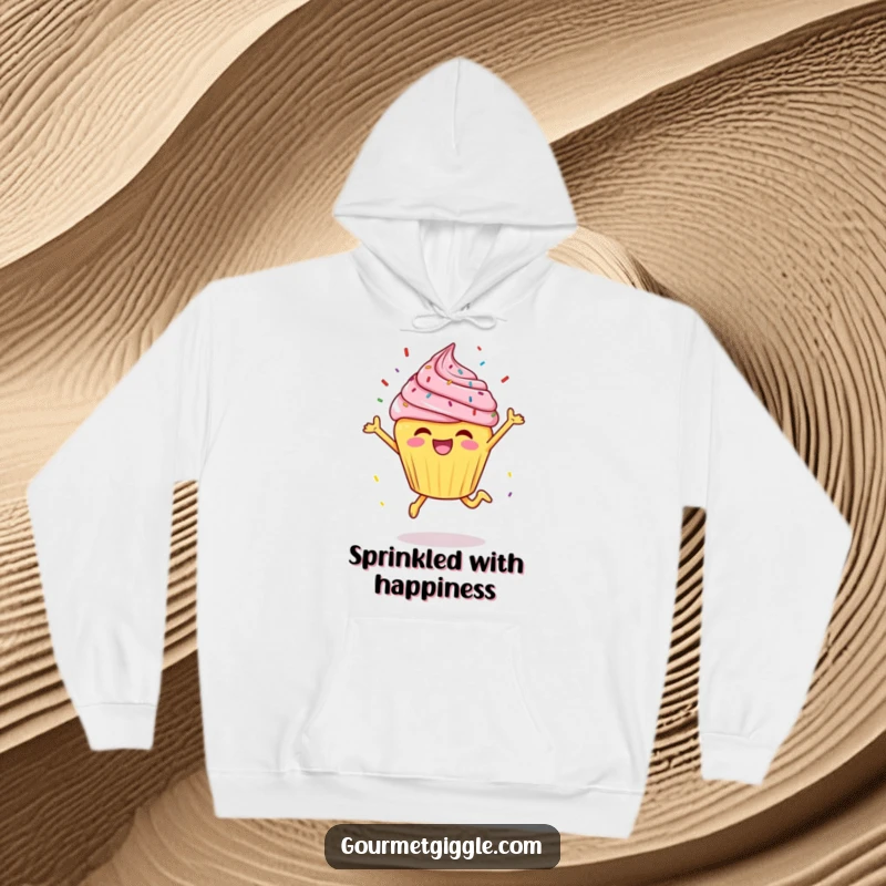 Funny cheerful cupcake doing a joyful leap with sprinkles flying, bringing sweet joy to this cozy hoodie.