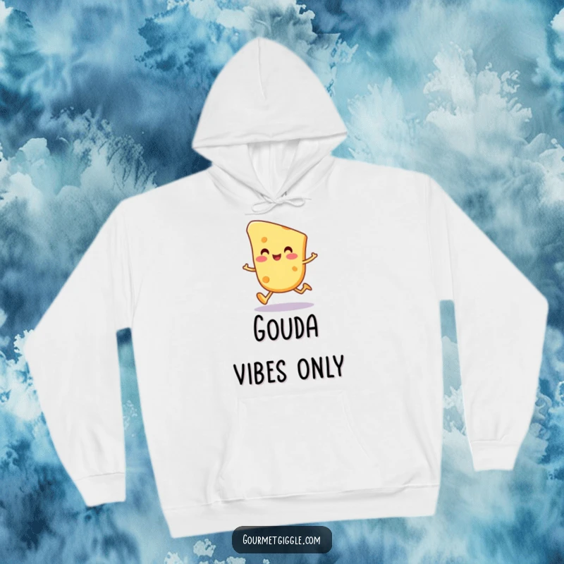 Funny cheese slice character hoodie, a happy, round cheese piece in a wobbly trot, designed for warm amusement.