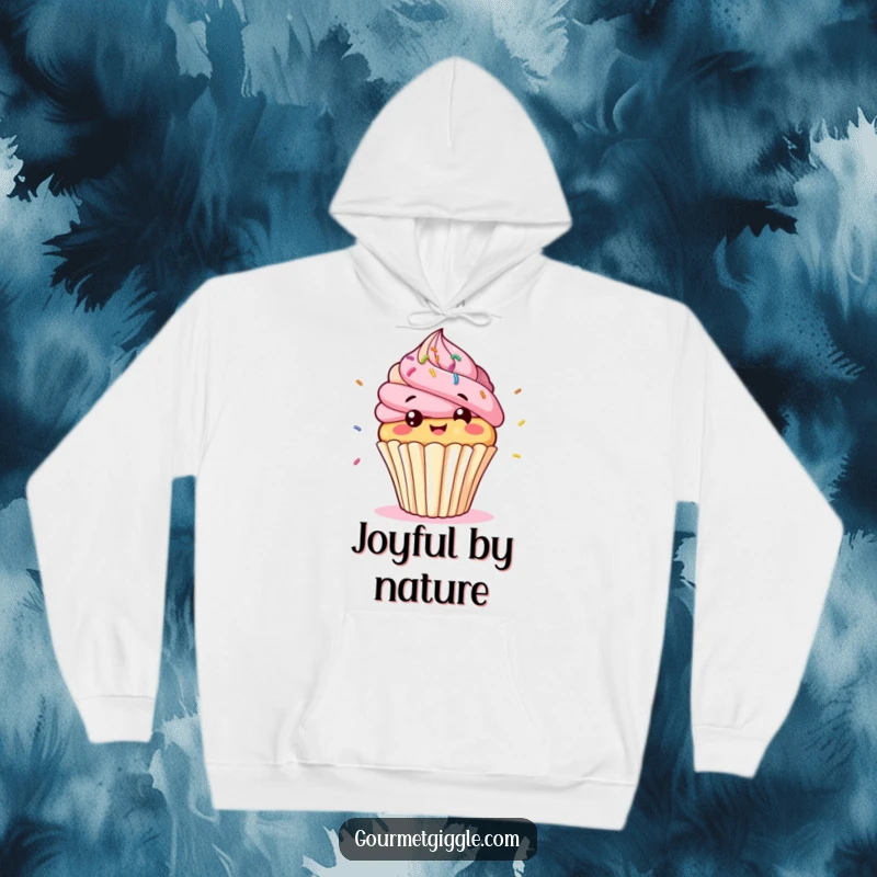 Funny cupcake character hoodie, a giggling, bobbing cupcake with bouncing sprinkles, designed for warm, sweet amusement.