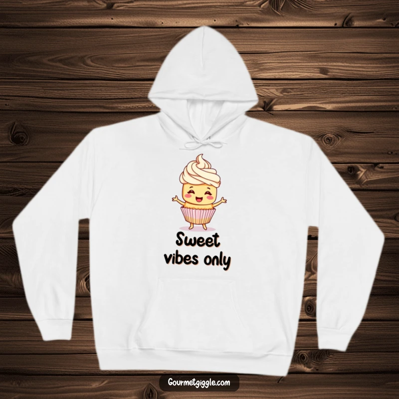 Funny cupcake hoodie featuring a cheerful cupcake with frosting hair, doing a little jig for ultimate cozy and sweet vibes.
