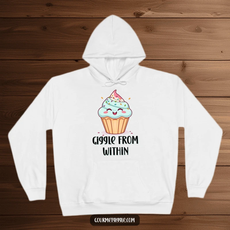 Funny hoodie featuring a giggling cupcake enjoying a rain of colorful sprinkles. Cozy, humorous, and an excellent funny gift.