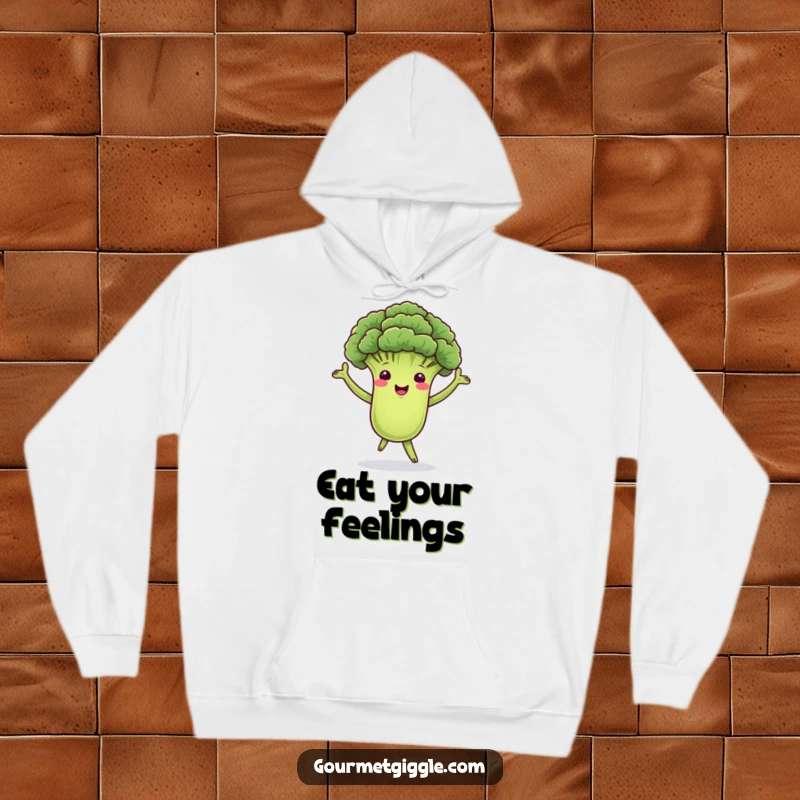 Funny hoodie featuring a dancing broccoli floret with green arms, swaying merrily, perfect for cozying up and spreading healthy cheer.