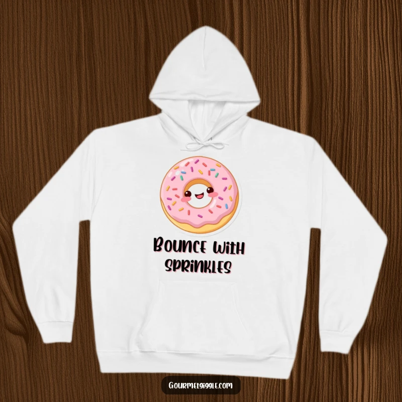 Funny donut hoodie featuring a happily bouncing donut with colorful sprinkles, radiating playful energy.