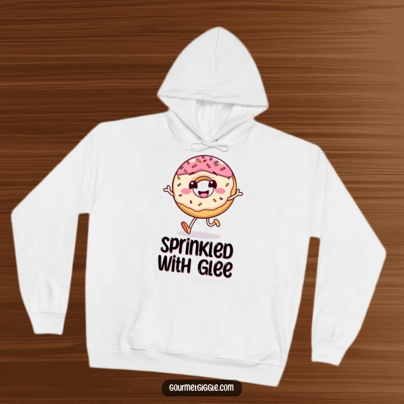 Funny hoodie featuring a grinning donut character mid-jump with sprinkles flying, offering warmth and a playful vibe.