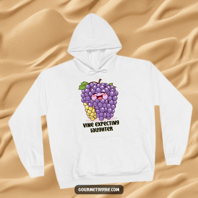 Funny laughing grapes hoodie, a bunch of grapes wiggling and bouncing with mirth, soft and comfortable, showcasing silly fruit humor.