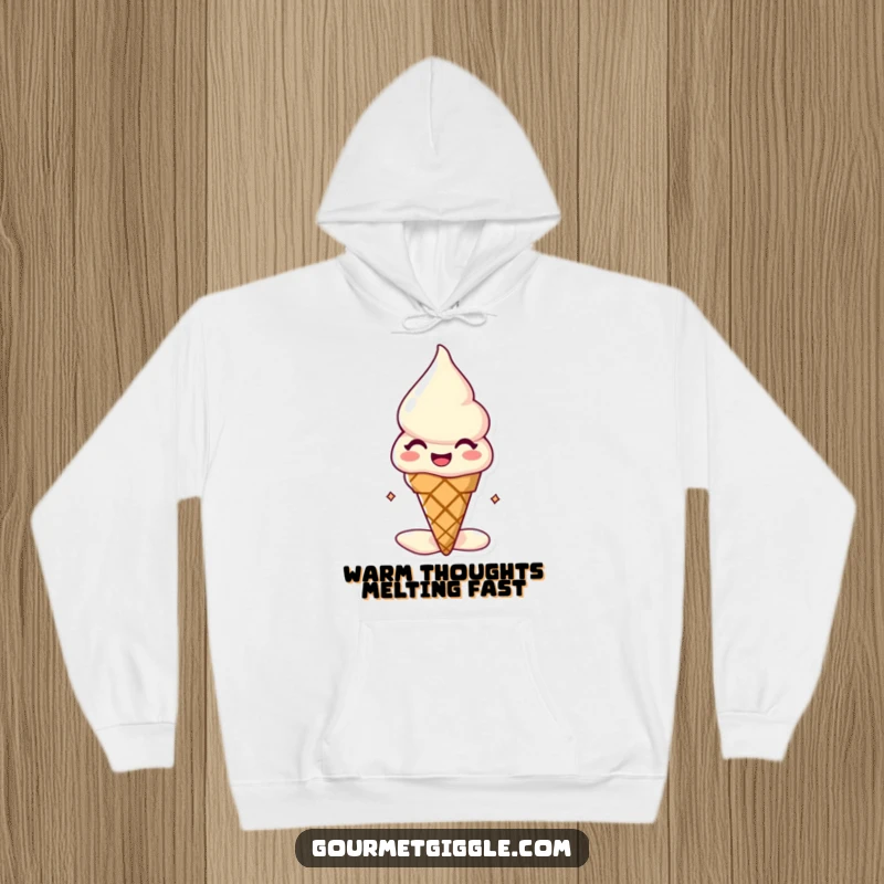 Funny melting ice cream cone hoodie, a blissful, slightly melty character expressing extreme delight, perfect for cozy, happy moments.