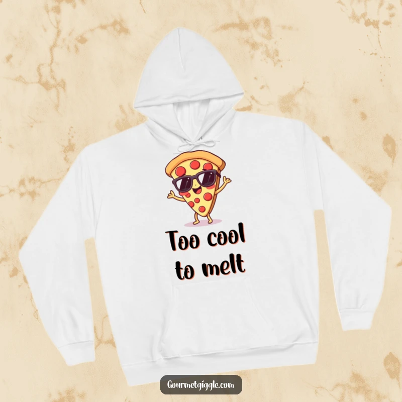 Funny pizza hoodie showcasing a dancing slice with tiny sunglasses, radiating a cool vibe.